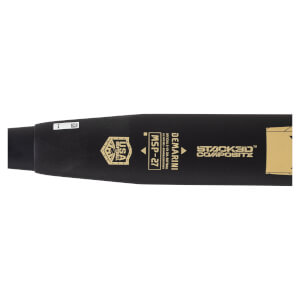 Close-up profile of the black barrel featuring gold graphics for the USA Softball logo, "MSP-27," "DEMARINI," and "STACK3D COMPOSITE."