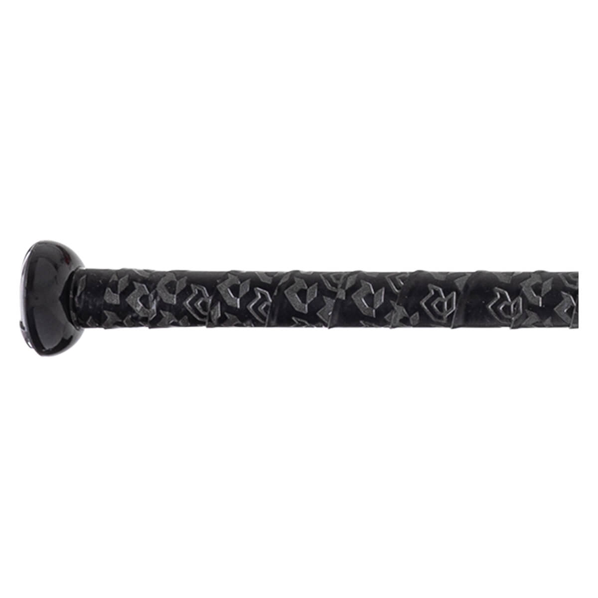 Close-up of the black bat handle and knob, featuring a glossy knob and a black textured grip tape with a repeating grey DeMarini "D" logo pattern.