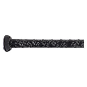 Close-up of the black bat handle and knob, featuring a glossy knob and a black textured grip tape with a repeating grey DeMarini "D" logo pattern.