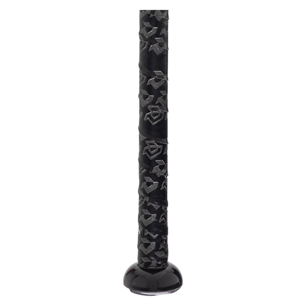 Close-up of the handle shows black textured grip tape with a repeating grey geometric logo pattern above a smooth, glossy black rounded knob at the base.