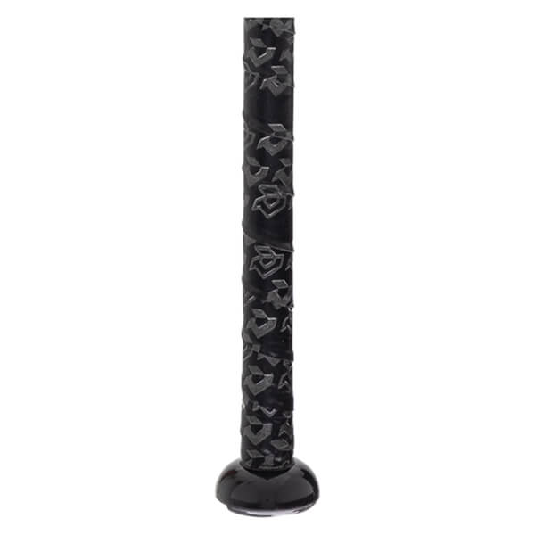 Close-up of the handle shows black textured grip tape with a repeating grey geometric logo pattern above a smooth, glossy black rounded knob at the base.