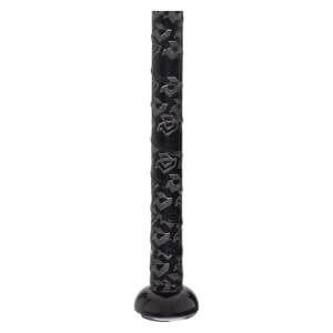 Close-up of the handle shows black textured grip tape with a repeating grey geometric logo pattern above a smooth, glossy black rounded knob at the base.