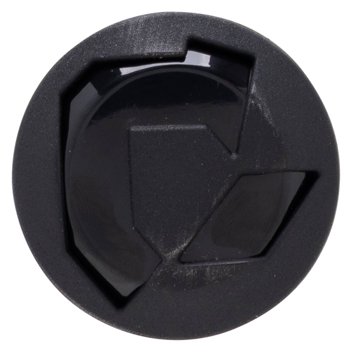 Top-down view of the bat's black circular end cap featuring a recessed geometric design with a mix of matte and glossy finishes.
