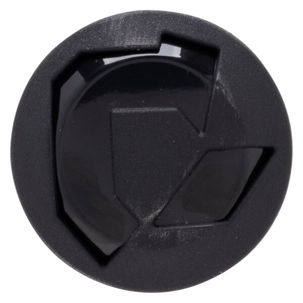 Top-down view of the bat's black circular end cap featuring a recessed geometric design with a mix of matte and glossy finishes.