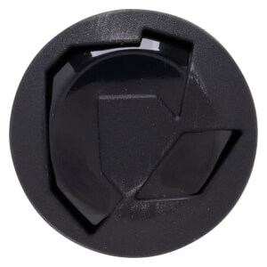 Top-down view of the bat's black circular end cap featuring a recessed geometric design with a mix of matte and glossy finishes.