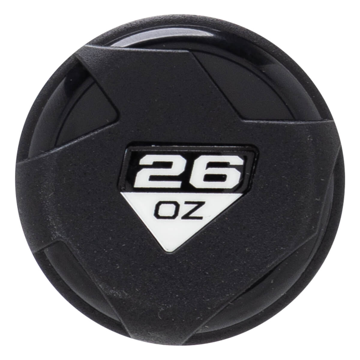 Top-down view of the black textured end cap featuring a white triangular center piece with the text 26 OZ printed in bold black lettering.