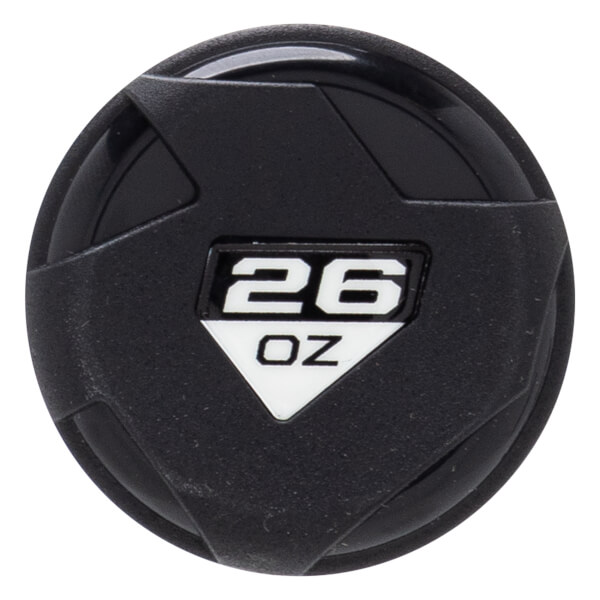 Top-down view of the black textured end cap featuring a white triangular center piece with the text 26 OZ printed in bold black lettering.