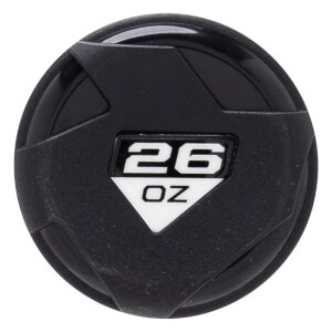 Top-down view of the black textured end cap featuring a white triangular center piece with the text 26 OZ printed in bold black lettering.