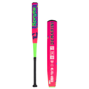 Side view of a pink and green baseball bat with "Sprite" and "DEMARINI" text.