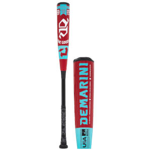 Front view of a red and teal baseball bat with "DEMARINI" and "USA BASEBALL" text.