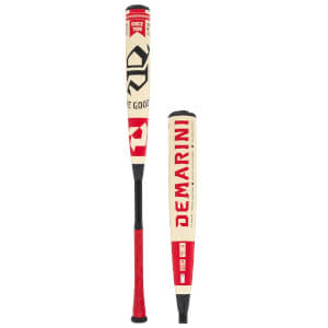 Front view of a baseball bat with "DEMARINI" and "SINCE 1989" text, featuring a red grip and cream and red barrel.
