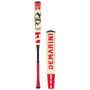 Side view of a cream and red baseball bat with "DEMARINI" in large red letters and "SINCE 1989" on the barrel.