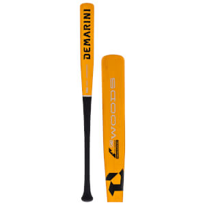 Side view of a yellow baseball bat with black "DEMARINI" text and a black grip.