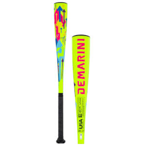 Front view of a neon yellow baseball bat with a colorful arrow pattern and "DEMARINI" in pink.