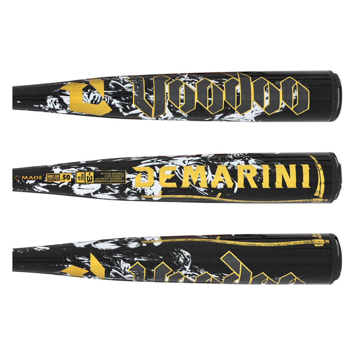 Side view of a black baseball bat with gold "Voodoo" lettering and a marble-like pattern.