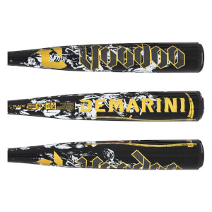 Side view of a black baseball bat with gold "Voodoo" lettering and a marble-like pattern.
