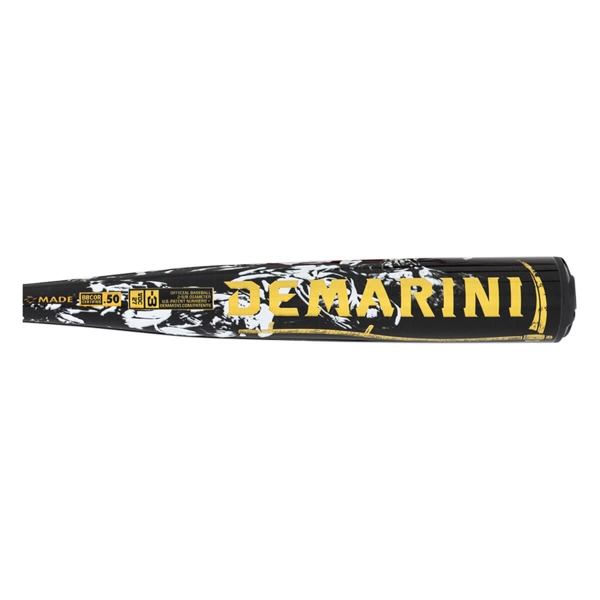 Side view of a black and white marbled baseball bat with yellow "DEMARINI" text and "BBCOR 50" certification.