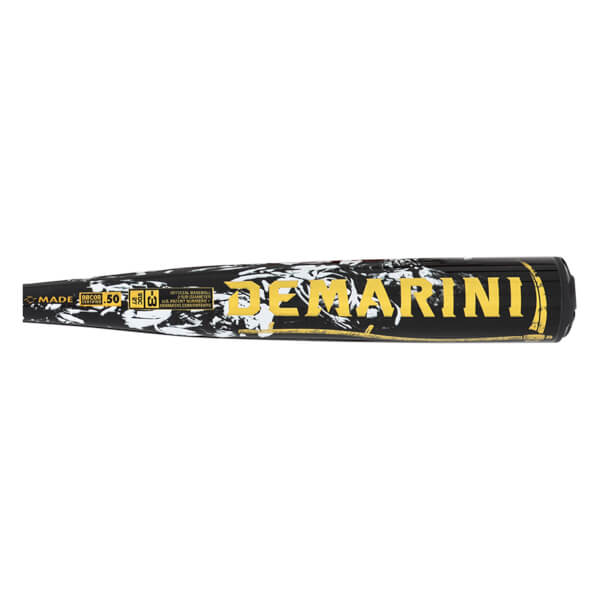 Side view of a black and white marbled baseball bat with yellow "DEMARINI" text and "BBCOR 50" certification.