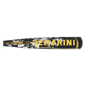 Side view of a black and white marbled baseball bat with yellow "DEMARINI" text and "BBCOR 50" certification.