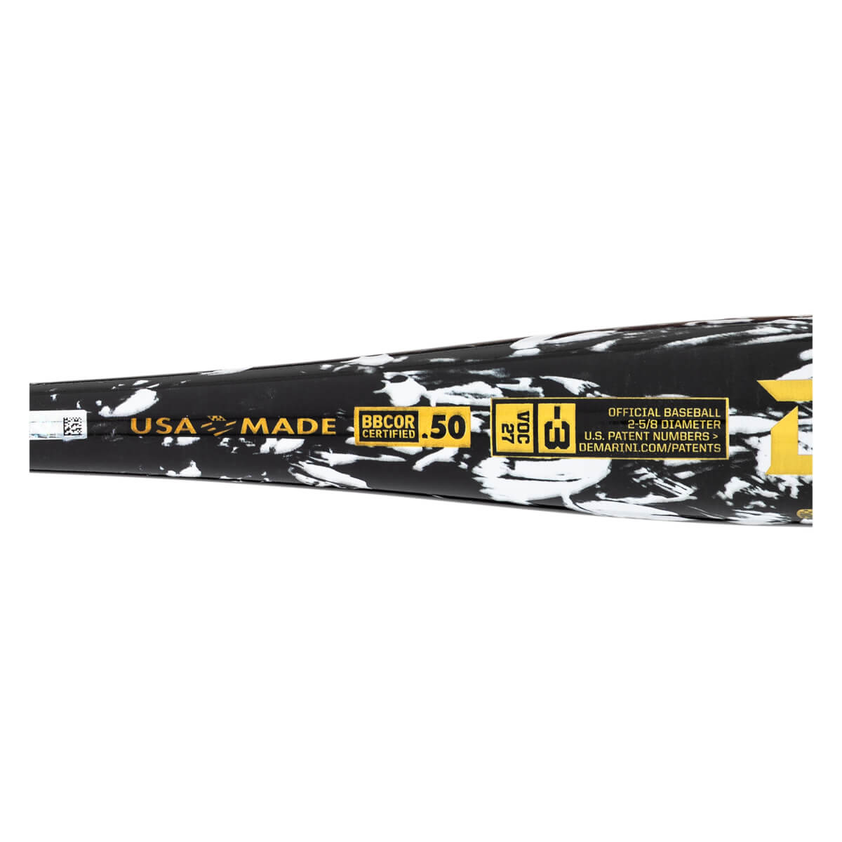 Side view of a black and white splatter pattern baseball bat with "USA MADE", "BBCOR CERTIFIED .50", and "2-5/8 DIAMETER" text.