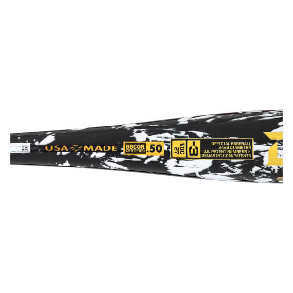 Side view of a black and white splatter pattern baseball bat with "USA MADE", "BBCOR CERTIFIED .50", and "2-5/8 DIAMETER" text.