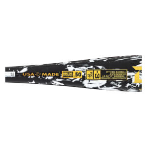 Side view of a black and white splatter pattern baseball bat with "USA MADE", "BBCOR CERTIFIED .50", and "2-5/8 DIAMETER" text.
