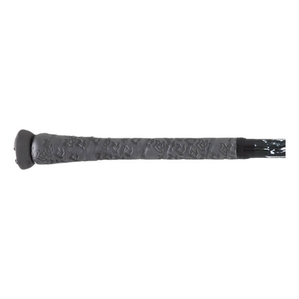 Close-up of the grip on a baseball bat, showing a textured gray pattern and a black end cap.