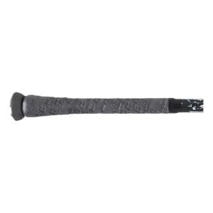 Close-up of the grip on a baseball bat, showing a textured gray pattern and a black end cap.