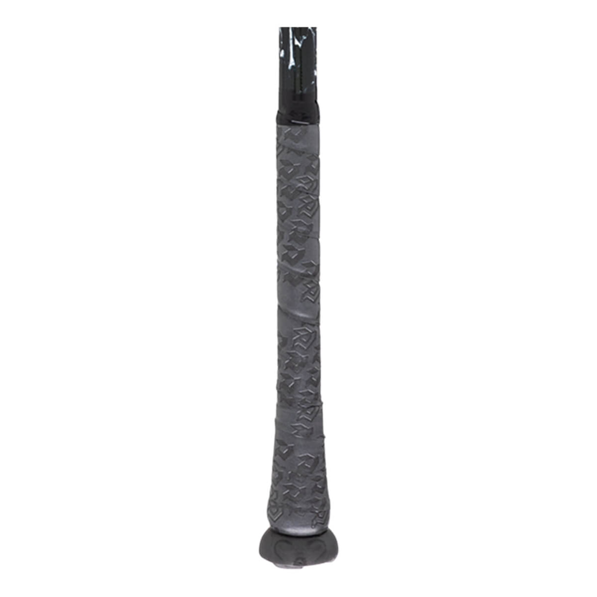 Close-up of the grip of a baseball bat, showing a textured pattern and the end cap.