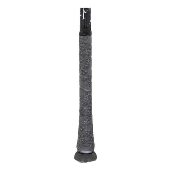 Close-up of the grip of a baseball bat, showing a textured pattern and the end cap.