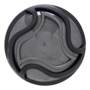 Top-down view of a dark gray circular cap with a black rubber trim and a swirling embossed pattern.