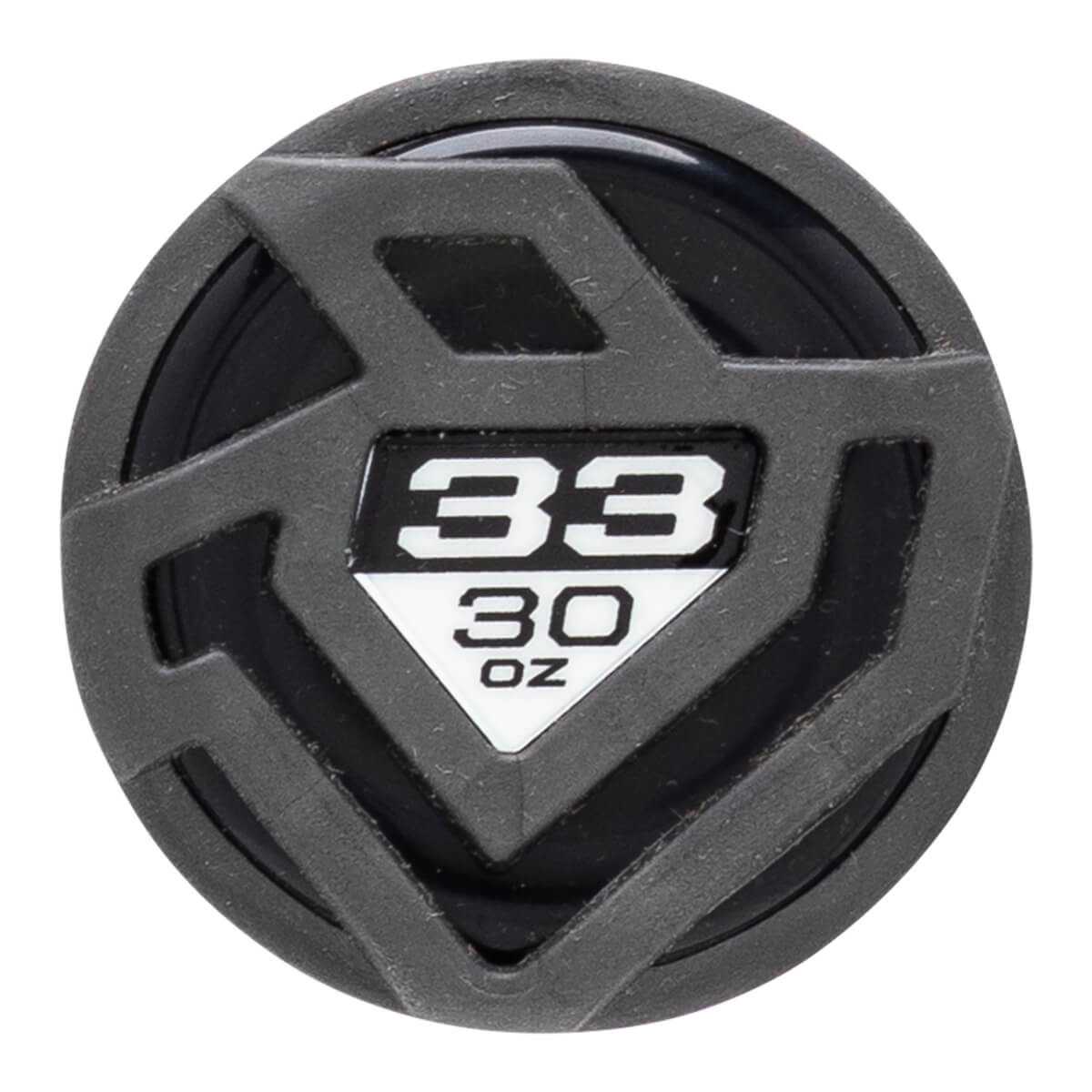 Top-down view of a baseball bat end cap with "33" and "30 OZ" visible.