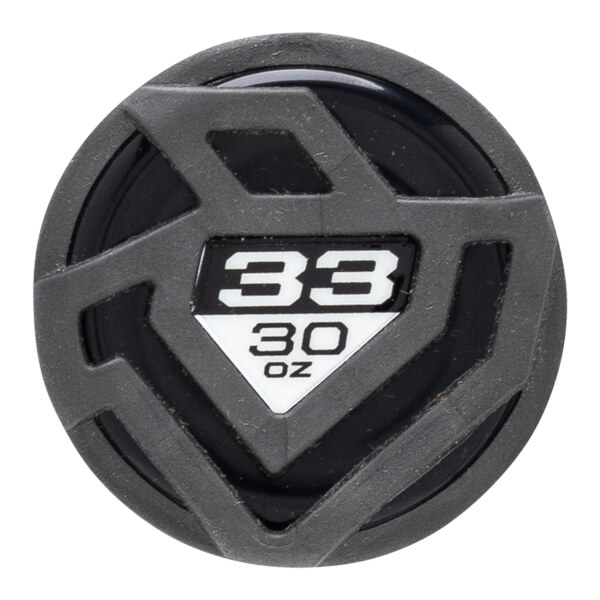 Top-down view of a baseball bat end cap with "33" and "30 OZ" visible.