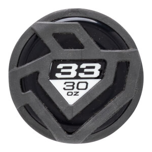 Top-down view of a baseball bat end cap with "33" and "30 OZ" visible.