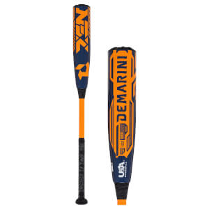 Side view of a navy and orange baseball bat with "DEMARINI" and "NEX" logos.