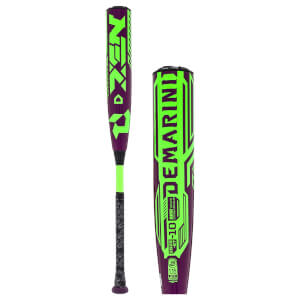 Side view of a purple baseball bat with neon green "NEXEN" and "DEMARINI" logos and "1.15 BPF" text.