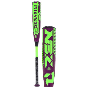 Front view of a purple and neon green DeMarini baseball bat with "DEMARINI" and "ZBX" logos.