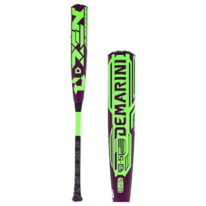 Side view of a purple and green Demarini baseball bat with "DEMARINI" and "NEXEN" logos.