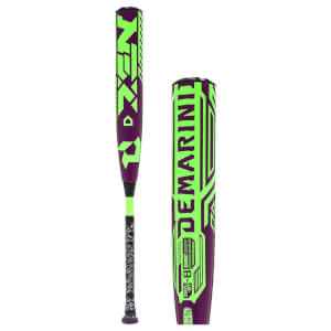 Side view of a purple and neon green baseball bat with "DEMARINI" and "NEXEN" logos.