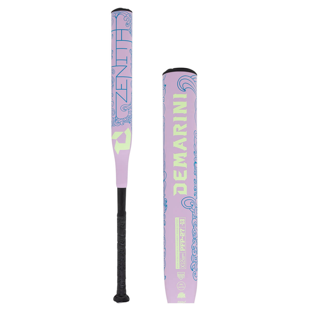Side view of a purple DeMarini Zenith bat with "DEMARINI" and "ZENITH" text.