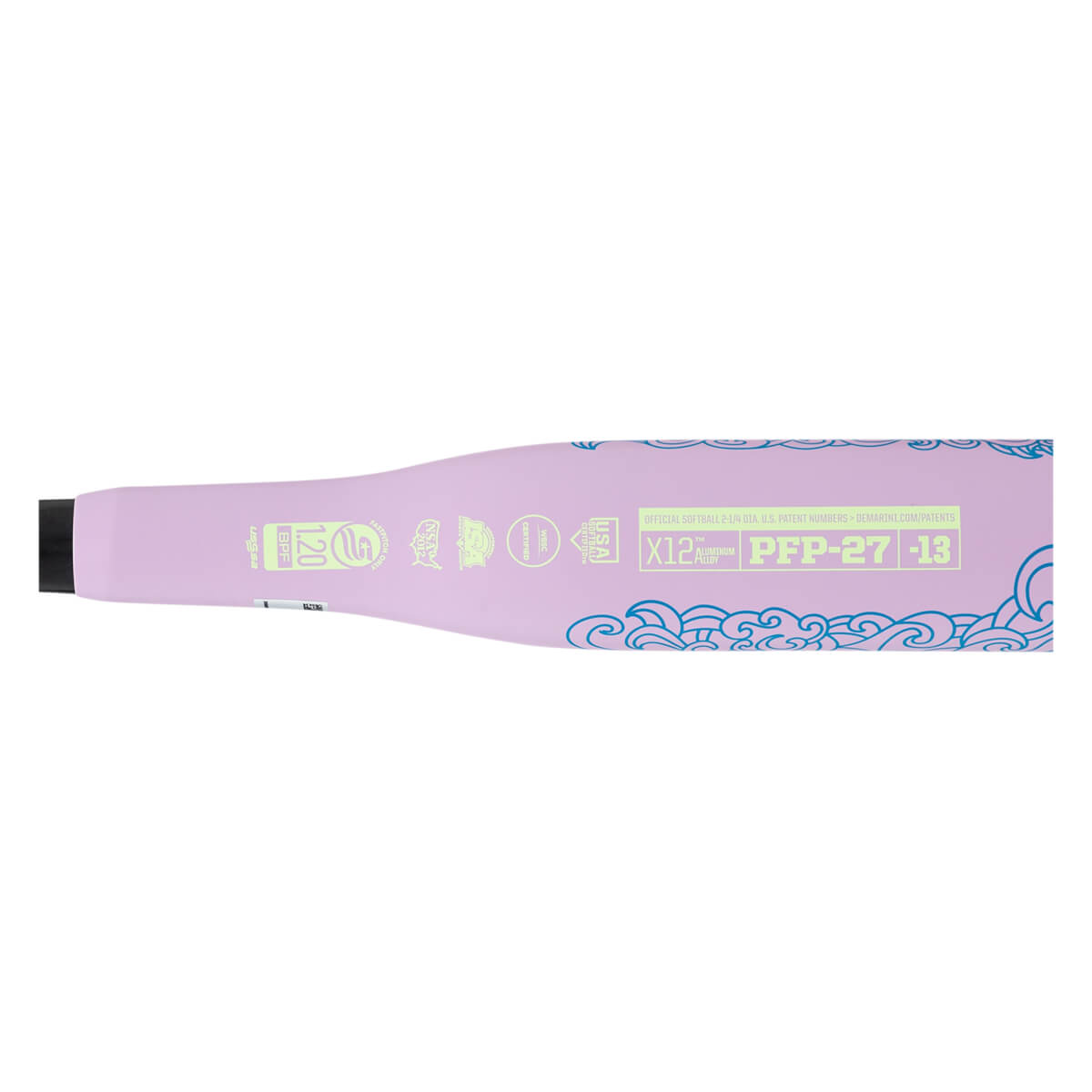 Side view of a purple softball bat with blue wave accents and text reading "PFP-27 -13".