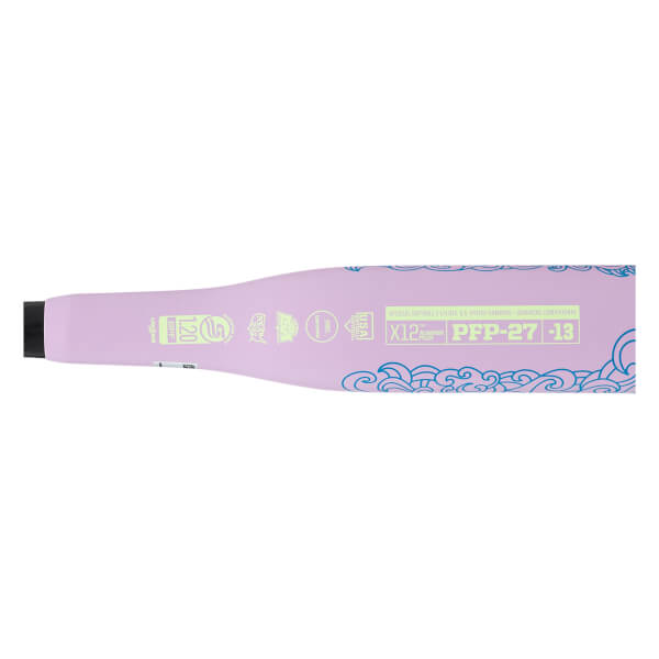 Side view of a purple softball bat with blue wave accents and text reading "PFP-27 -13".