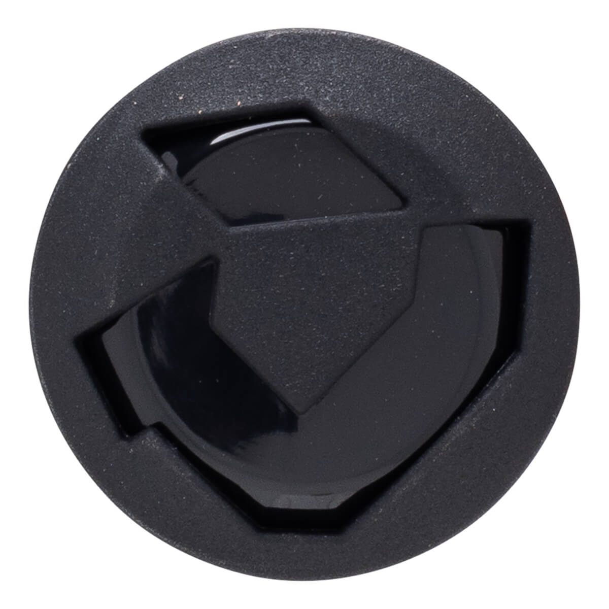 Top-down view of a black cap with a glossy, angular logo.