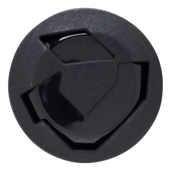 Top-down view of a black cap with a glossy, angular logo.
