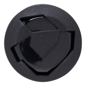 Top-down view of a black cap with a glossy, angular logo.