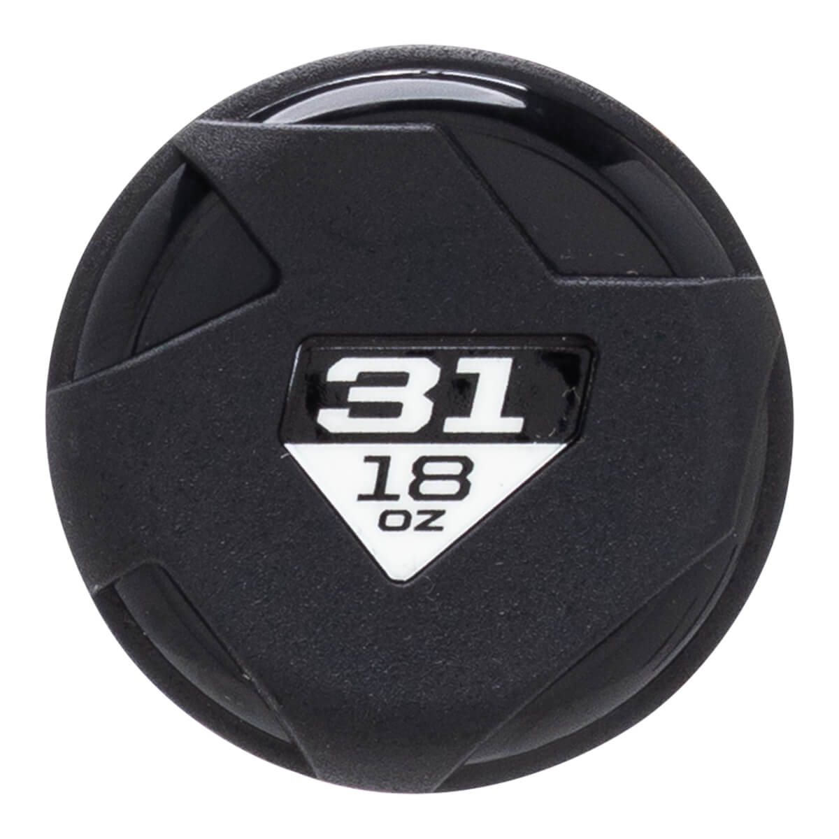 Top-down view of the bat end cap showing "31" and "18 OZ" in white text on a black and white label.
