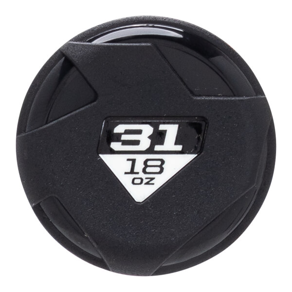 Top-down view of the bat end cap showing "31" and "18 OZ" in white text on a black and white label.