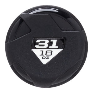 Top-down view of the bat end cap showing "31" and "18 OZ" in white text on a black and white label.