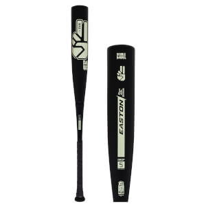 Side view of a black Easton baseball bat with "The DUB" and a peace sign graphic.