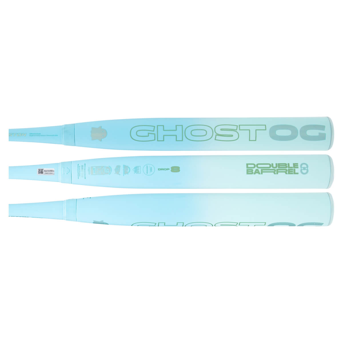 Side view of a light blue baseball bat with "GHOST OG" and "DOUBLE BARREL 8" in green lettering.